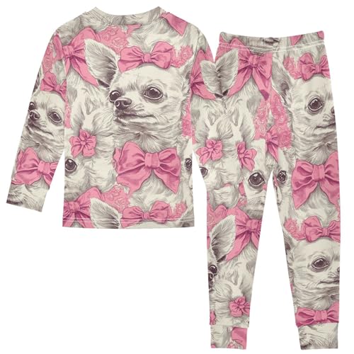 Pajama Sets Long Sleeve Chihuahua with Pink Bows Soft Comfy Sleepwear 2 Piece PJS 3-8T3