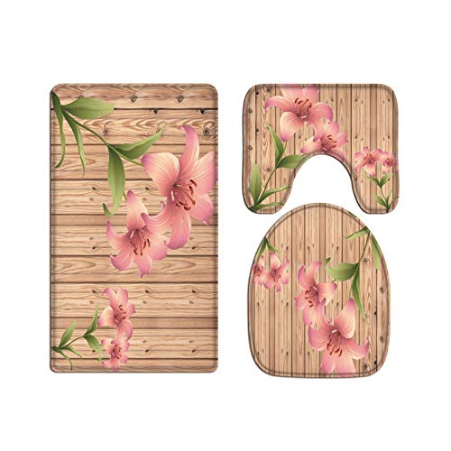 A.Monamour Badezimmer Badematte 3 Teilig Set Romantische Rosa Lilie Blüht Holzbretter Hintergrund...