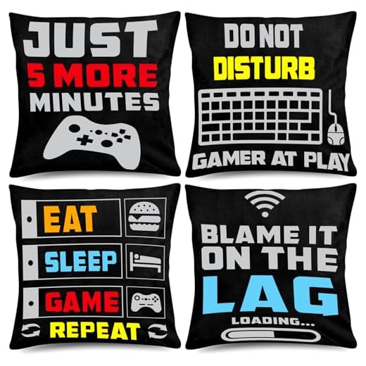 Whaline Video Game Throw Pillow 18 x 18 Inch Gamer Controller Pillow Cover Gaming Throw Cushion Cover 4 Pack Gamepad Logo Pillow Case Design for Home Office Car Sofa Couch Living Room