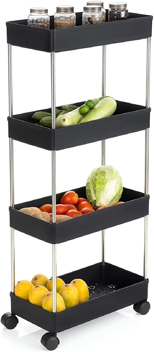 STOLLER 4 Lyer Plastic Kitchen Storage Trolley Rack with Wheels - Rolling Utility Cart, Slide Out Storage Shelves - Space Saving Home Storage Organizer(Black-4XL) (Black)