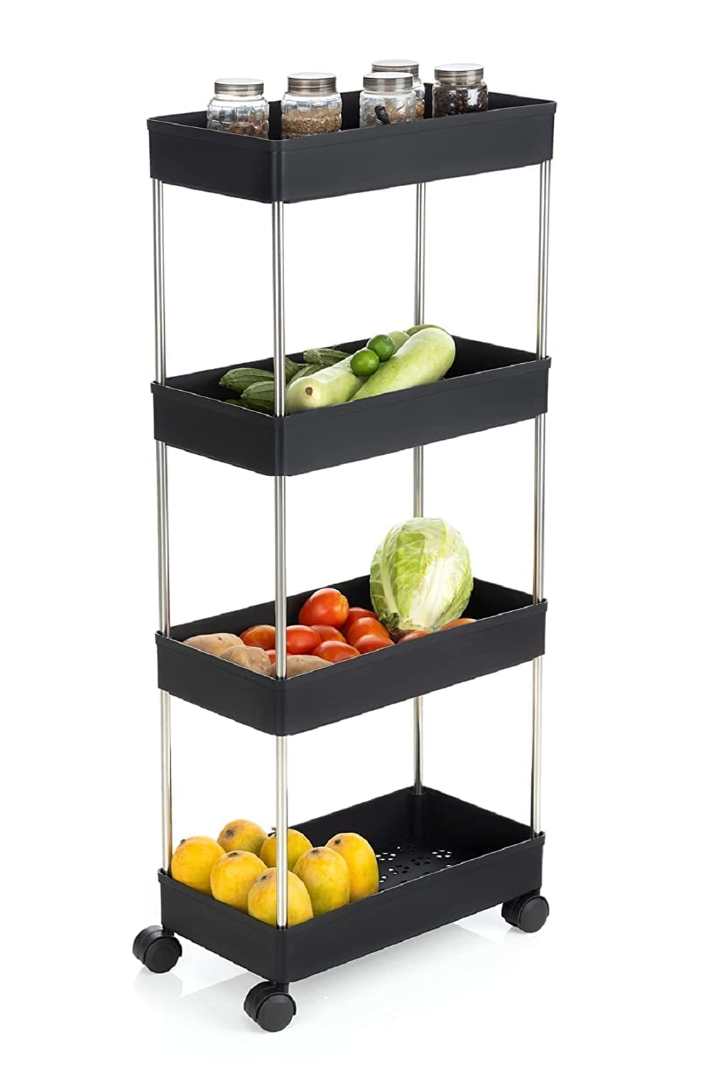 STOLLER 4 Lyer Plastic Kitchen Storage Trolley Rack with Wheels - Rolling Utility Cart, Slide Out Storage Shelves - Space Saving Home Storage Organizer(Black-4XL) (Black)