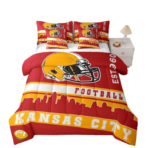 Erosebridal Football 7 Pcs Comforter Set Full Football Fans Bedding for Kids Footballs City Sheet Set Bed in A Bag Red Yellow Rugby Competition Room Decor Sports Ball Game Bed Set