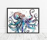 Blue Octopus Art Print Poster, Abstract Watercolor Animal Wall Art Prints, WIldlife Nature Artwork for Living Room, Bedroom Decor (11x14 inches (Unframed), Blue Octopus)