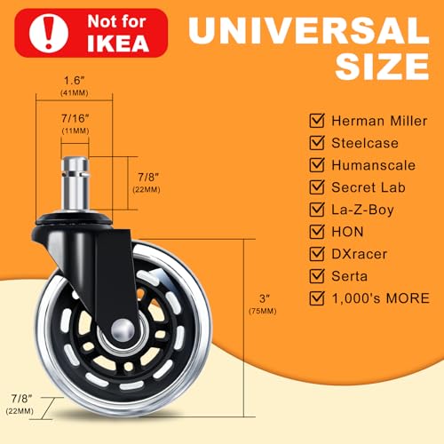 Image of Office Chair Wheels for Casters Replacement - 3 inch Rubber Wheels for Computer Gaming Desk Caster Smooth & Safe Rolling for All Floors Hardwood and Carpet - Set of 5 - Clear