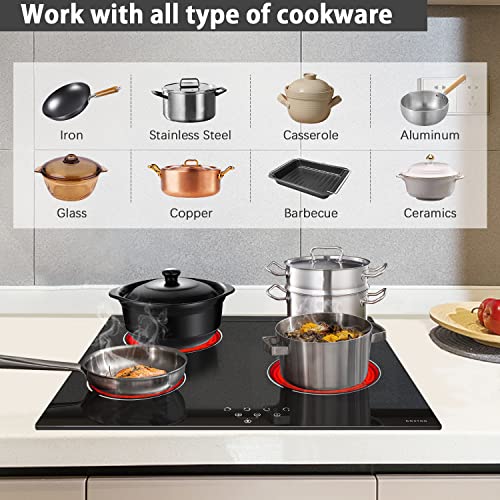 Noxton Ceramic Cooktop, Built-In 4 Burners Electric Stove Electric Cooker Hob With Touch Control Child Lock Timer Easy To Clean With Hard Wire 6000W 220~240V #TOP3