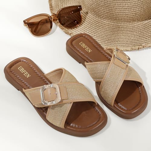 Image of UBFEN Womens Square Toe Flat Sandals Slides Dressy Comfortable for Beach