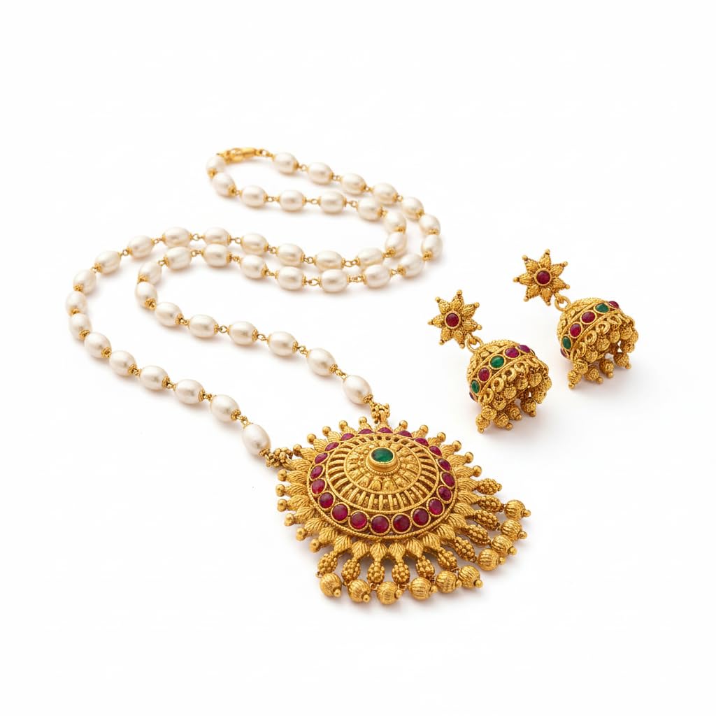 Traditional Gold-Plated Pearl Necklace Set 30 Inch Long | Antique Temple Round Pendant with Ruby-Green Stone Work & Matching Jhumka Earrings | Bridal Ethnic Jewelry for Women-image-12