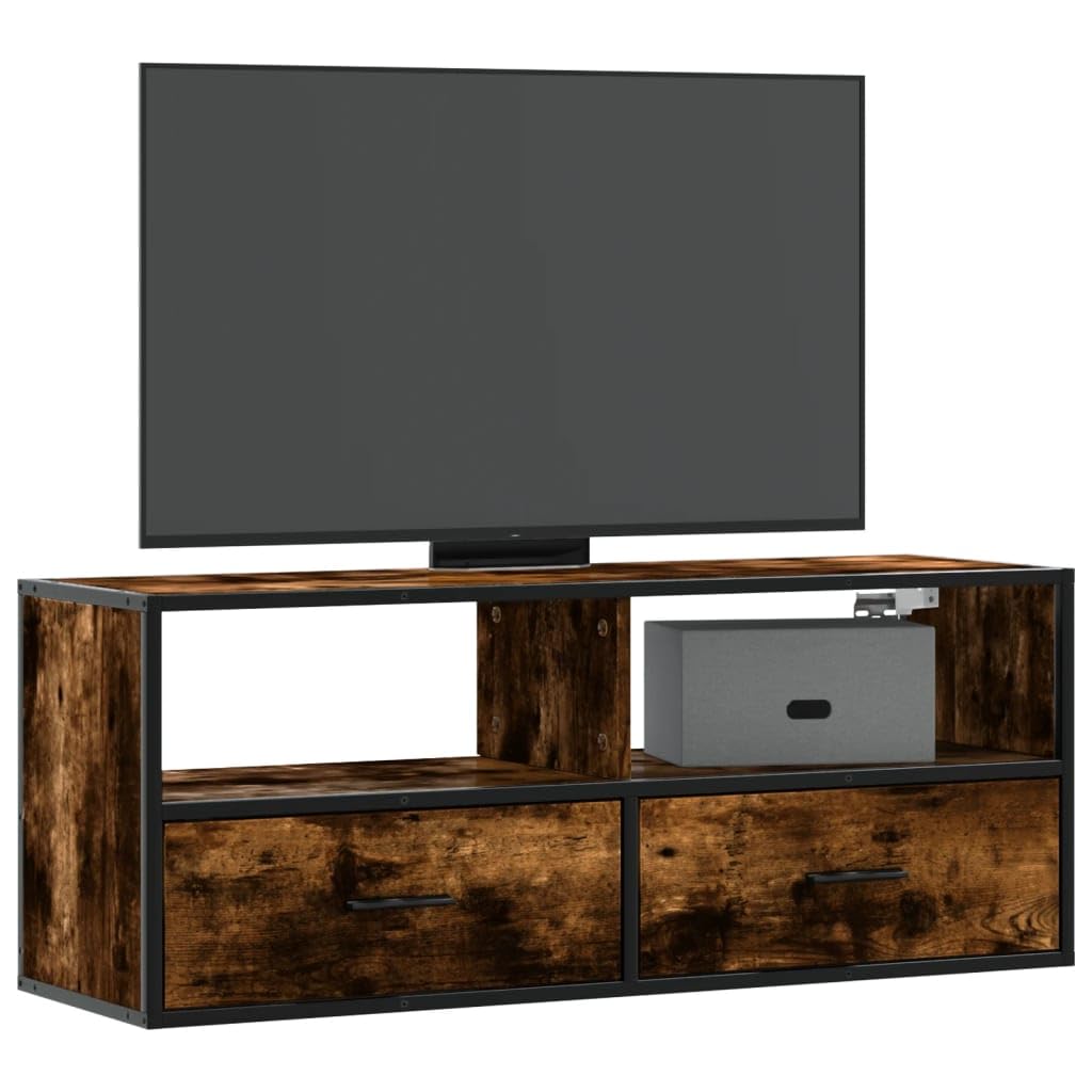 YUANCHUTOP Small Floating TV Unit Stand 100cm, Wall Mounted Media Console with 2 Drawers & Storage Shelf, Industrial Style Hanging Wall Cabinet, Oak+Rustic