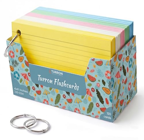 Image of Turron Premium Blank Index Flash Cards | Punched with Binder Rings for Study, Notes & Revision (150, Multicolor, 4 x 6 Inch, 1-Side Ruled)