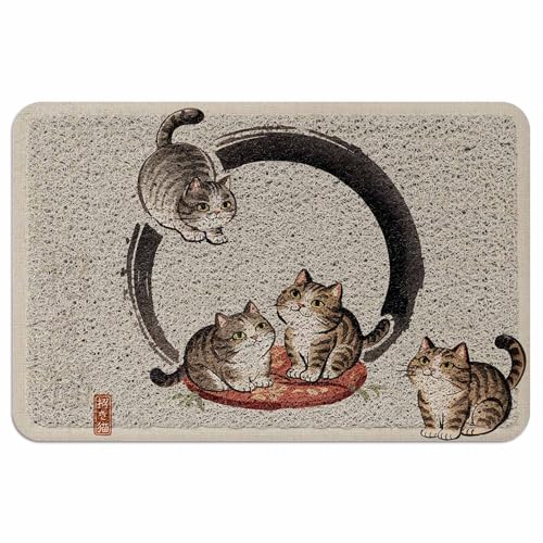 Ooomigasusi 玄関マット 和風 可愛い招き猫 ベージュ色バック ドアマット 45×75cm 屋内 屋外 ループ状 泥落とし 滑り止め付 吸水 足ふき 洗える 業務用 自宅用 厚手 浴室 お風呂 円角長方形 丈夫 抗菌 防臭