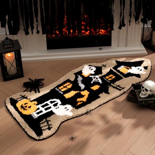 Phantoscope Happy Halloween Rug Haunted House Shaped Area Rug, Soft Tufted Floor Mat for Front Door, Non-Slip Decorative Rug Gothic Halloween Doormat for Living Room Bathroom, Black, 18 x 47 inches