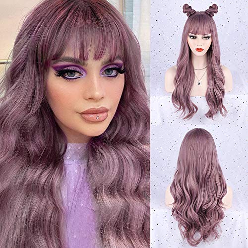 FORCUTEU Purple Wig with Bangs Long Purple Wigs for Women Purple Wavy Wigs Purple Heat Resistant Wigs for Daily Party Cosplay (Purple 26inch)