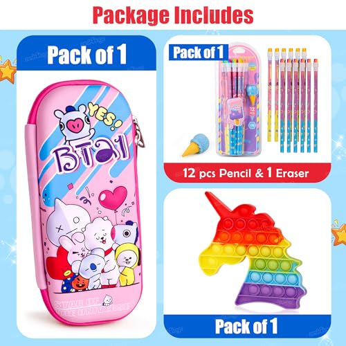 Image of Zest 4 Toyz 3D Cartoon Pencil Case Combo Set with Large Pencil Pouch 12 Pencils with Erasers Rainbow Unicorn Pop It Toy for Kids Boys and Girls