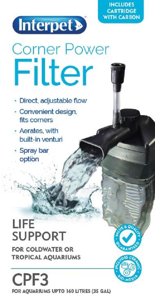 Interpet Filtre d'alimentation d'angle Interne CPF3 pour Aquarium, économie d'espace, débit réglable, Venturi pour aération, Eau Froide, Tropical, pour Aquariums jusqu'à 160 L