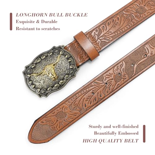 SENDEFN Western Cowboy Belt for Men Women Longhorn Bull Buckle Belts Floral Engraved Embossed Pattern 1.5" Wide for Jeans2