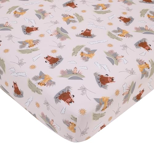 Image of Disney Lion King Ivory, Sage, Gold, and Brown, Simba, Timon, and Pumba Super Soft Nursery Fitted Crib Sheet