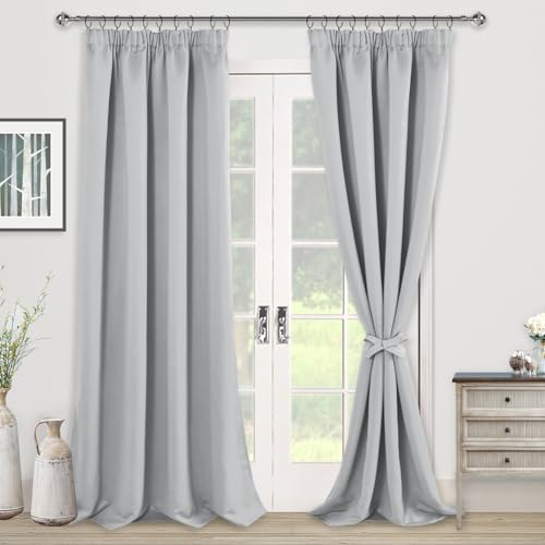 JIUZHEN Blackout Curtains Ruffle Tape Curtain Opaque Curtains Living Room Curtains Bedroom Thermal Curtain Silver Grey H 260 x W 140 cm Set of 2 - Image 2