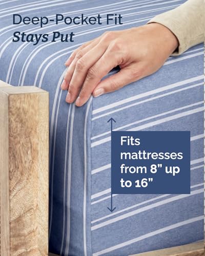 Image of Twin XL 4 Piece Sheet Set - College Dorm Room Essentials - Blue Stripes | Ultra Soft Dorm Bedding Set, 8 inch to 16 inch Inch Deep Pockets, 1 Flat & 1 Fitted Sheet & 2 Pillowcases, Wrinkle & Fade Free