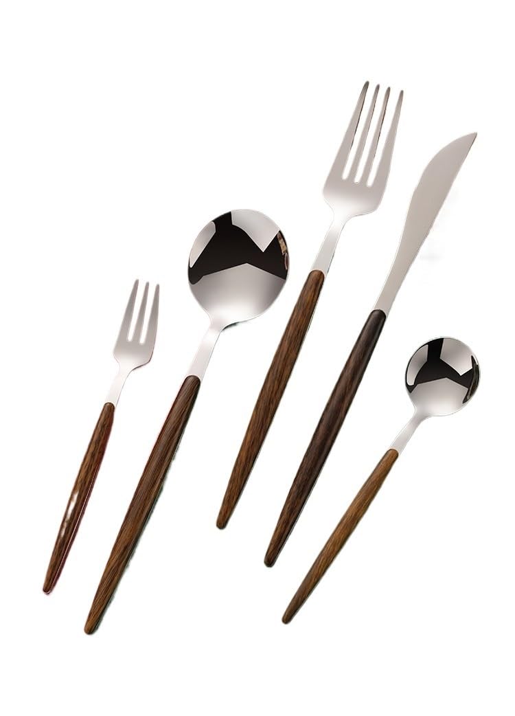 OLSKFUH Cutlery Flatware Cutlery Set, 5/20/30/40 Pieces Stainless Steel Cutlery Cutlery Set With Handle Wood Grain Hotel Cutlery Steak Cutlery,Silver-6Set-30Pcs