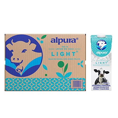 Alpura Leche Light, Baja en Grasa, Adicionada con Ácido Fólico, Vitaminas A y D. Paquete con 12 piezas de 1L, Ligera y de Fácil Digestión.
