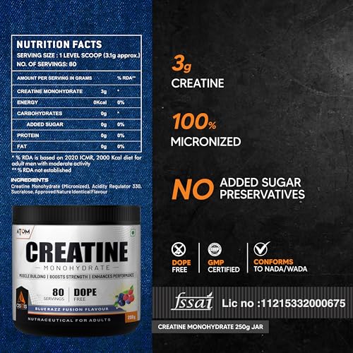 Image of AS-IT-IS ATOM Creatine Monohydrate 250g - 80 Servings | Dope Free | Enhances Performance | Promotes Muscle Gains | Blue Razz Flavour