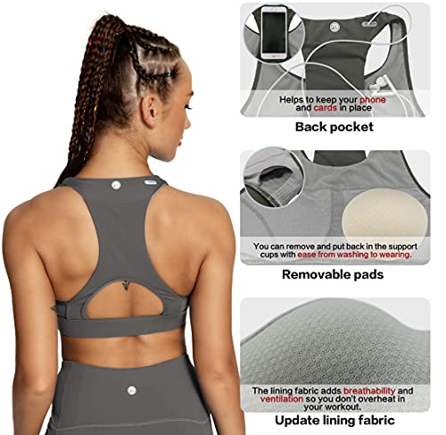 Image of QUEENIEKE BareFlow Women's Sports Bras with Phone Pocket Medium Impact Padded Racerback Workout Gym Crop Top Running Yoga Bra