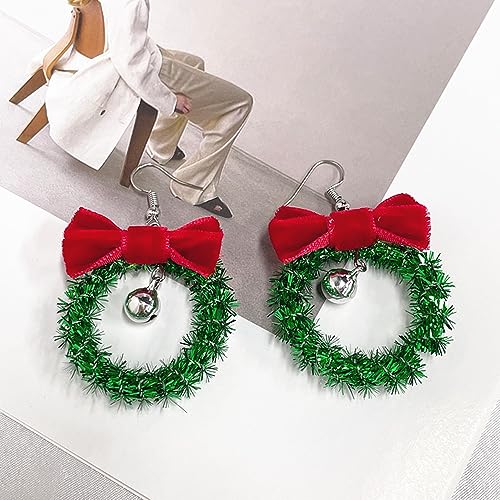 Green Ornament Wreath Hoop Jingle Bell Big Earrings Lightweight Christmas Red Bowknot Hook Dangle Drop Earrings for Women Girls Festival New Year Christmas Party Gifts for Best Friend Hypoallergenic - Image 6