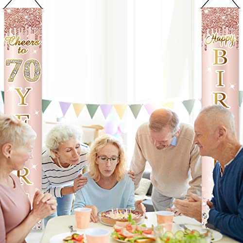 Image of 70th Birthday Decorations Cheers to 70 Years Door Banner for Women, Pink Rose Gold 70 Birthday Sign Party Supplies, Happy Seventy Birthday Porch Decor for Outdoor Indoor