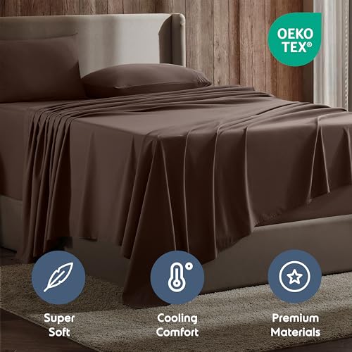 Image of Nestl Short Queen Bed Sheet Set - Chocolate Brown - 4-Piece Deep Pocket | Instantly Soft, Night-One Ready (No Wash Required). Fits 16-Inch Deep Pockets, 360-Degree Elastic Grip