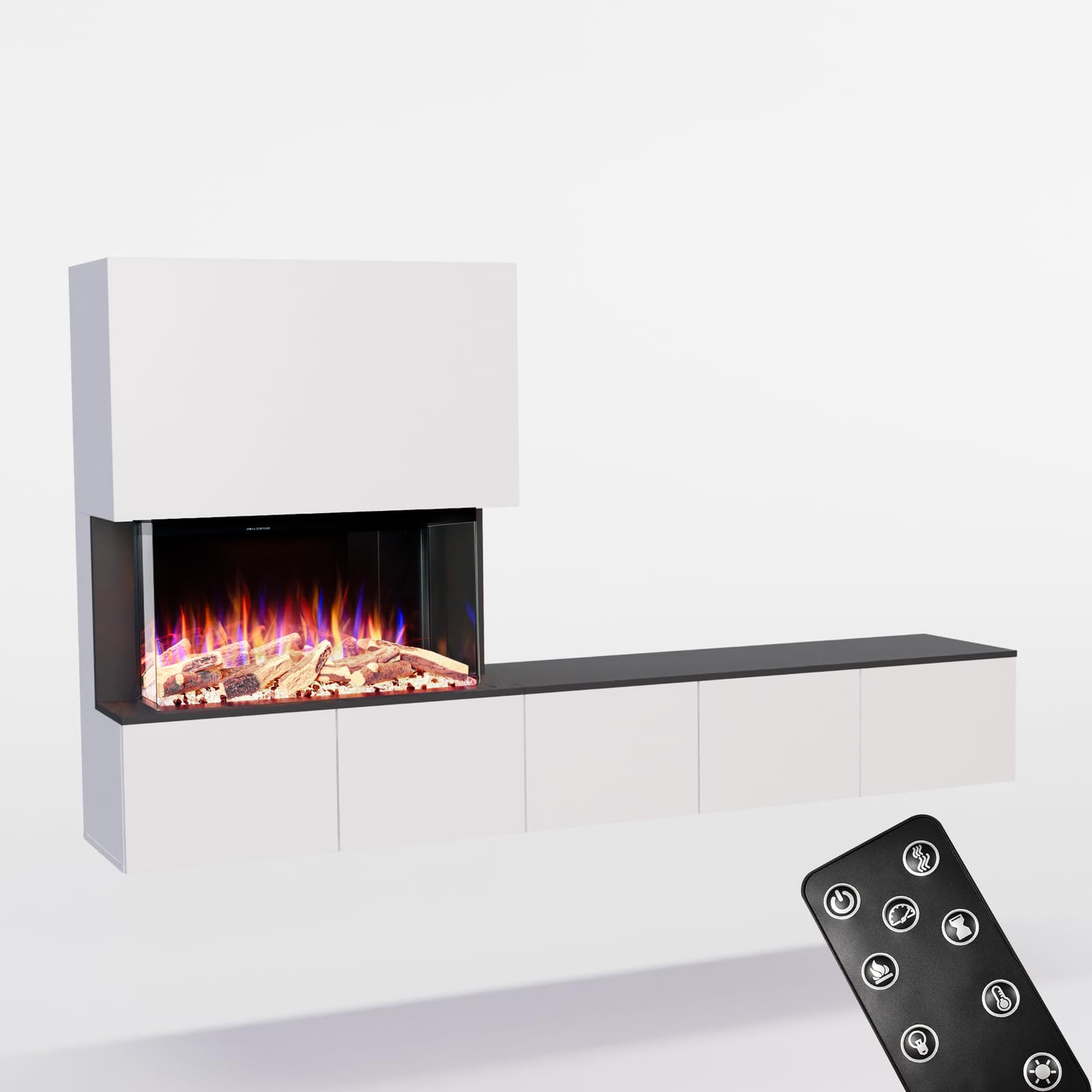 GLOW FIRE Kominek ścienny do telewizji CW5 otwarty z realistycznym ogniem LED 3D E-Motion – stojący kominek elektryczny z ogrzewaniem, kominkiem i timerem, maks. 1500 W, 250 x 139,5 x 42,4 cm