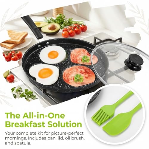 Image of Hiceeden Nonstick Egg Frying Pan with Lid, 4-Cup Egg Pan Fried Egg Cooker, Round Pancake Pan with Brush and Spatula for Breakfast, Induction & Gas Stove Compatible