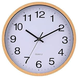 Wall Clock 12 Inch Wooden Frame Glass Cover Non-Ticking Number Quartz Modern Quartz Design Decorative Bedroom Kitchen Office Classroom Light Brown