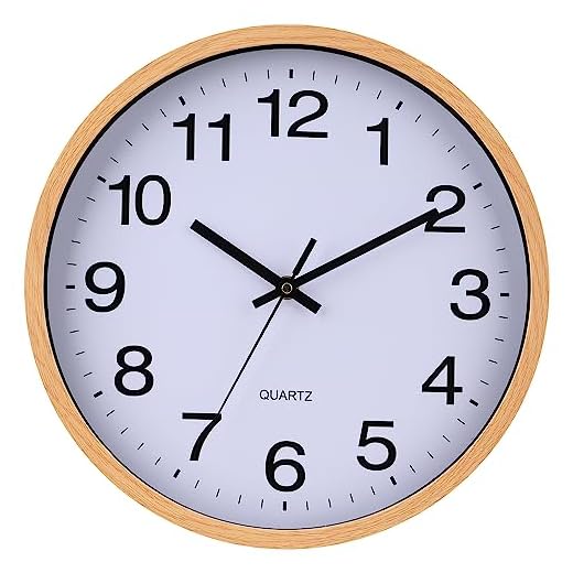 Wall Clock 12 Inch Wooden Frame Glass Cover Non-Ticking Number Quartz Modern Quartz Design Decorative Bedroom Kitchen Office Classroom Light Brown