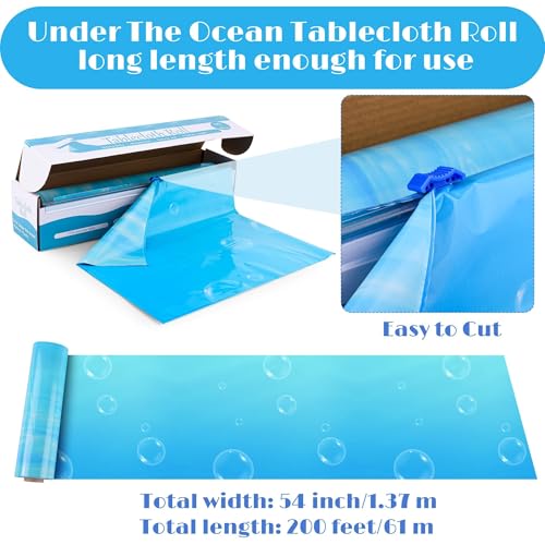 Image of Kochorie 54 Inch x 200 Ft Ocean Waves Plastic Tablecloth Roll in Slide Cutter Box Under the Sea Table Cover Blue Water Print Backdrop Bulletin Board Plastic Roll for Beach Pool Birthday Party Decor