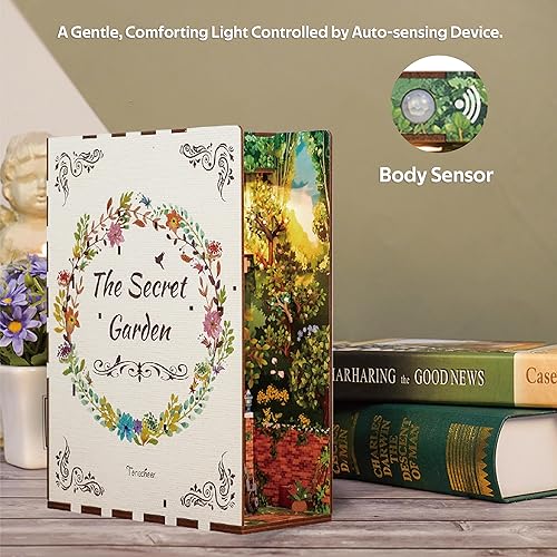 Image of Tonecheer DIY Book Nook Kit for Adults, 3D Wooden Puzzle Bookend Bookshelf Insert Decor, Booknook Miniature House Kit with Body Motion Sensor LED Light (The Secret Garden)