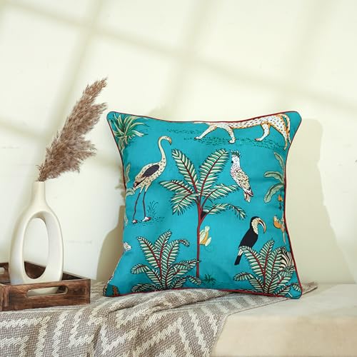 Image of Navy Blue 16x16 inch Cushion Covers Set of 5 Forest Theme Printed Cotton Cushion Covers for Sofa Decorations