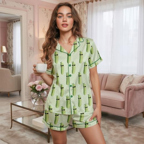 Image of Women 2PCs Satin Pajama Set Short Sleeve Silk Feel Gift Sleepwear | Soft stretch satin; relaxed comfort fit sizes S-3XL for sleep & lounge; short sleeve top, elastic waist shorts; easy care