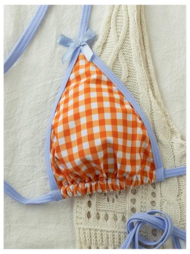 GORGLITTER Women's Two Piece Gingham Bikini Sets Bow Halter Triangle Swimsuit Tie Side Bathing Suit3