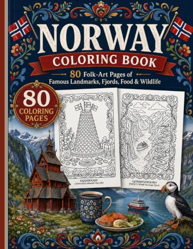 Norway Coloring Book: 80 Folk-Art Pages of Famous Landmarks, Fjords, Northern Lights, Food & Wildlife image 2