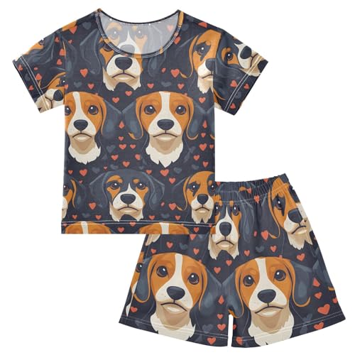 ALAZA Beagle Dog Love Heart Pajamas Set Short Sleeve Cotton Sleepwear Summer Pjs 2 Piece 5-14Y