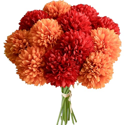 Image of Mandy's 12pcs Artificial Red and Orange Ball Chrysanthemum Flowers