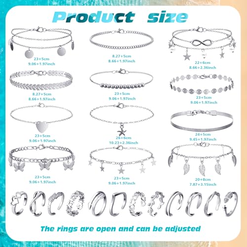 Image of Sasylvia 24 Pcs Anklet and Toe Ring Set for Women Girl Silver Gold Layered Anklet Chain Adjustable Open Toe Ring Foot Jewelry