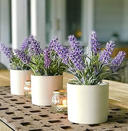 Kurrajong Farmhouse Large Fake Lavender Plant | Artificial Lavender Plant | Faux Lavender Plant (Small White Ceramic Pot, Plain White Matte Ceramic Pot 3" Wide) #TOP5