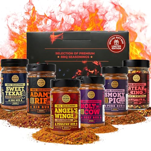 Coffret Cadeau BBQ Rubs pour Amateurs de Viande - Holy Cow, Angel’s Wings, Smoky Pig, Sweet Texas, Steak King & Adam’s Ribs | Pack de 6 | 100% Naturel |...