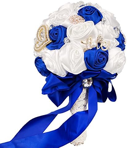 Abbie Home Handmade Bridal/Bridesmaids Brooch Bouquet Royal Blue Satin Roses with Crystal Diamond Pearl Decor-Royal Blue+White