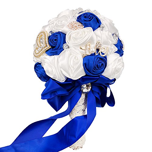 Abbie Home Handmade Bridal/Bridesmaids Brooch Bouquet Royal Blue Satin Roses With Crystal Diamond Pearl Decor-Royal Blue+White #TOP3