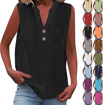 100% Linen Shirts Summer Plus Size 100% Cotton Linen Button Down Tank Tops for Women Lightweight Breathable Sleeveless Blouses Organic Split Neck Curved Hem Peasant Boho Soft Comfy Petite Gauzy Tops