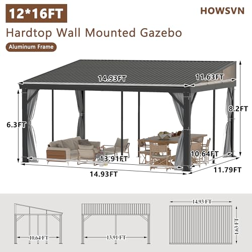 12'x16' Hardtop Wall Mounted Gazebo, Lean to Gazebo with Aluminum Frame, Galvanized Steel Roof Wall Gazebos Pergola with Curtains and Netting for Patio,Decks, Garden and Lawn - Image 2