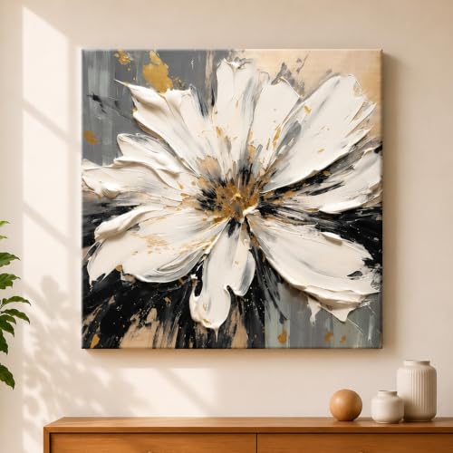 Image of PAINTINGMANTRA Modern Floral Texture Stretched Canvas Painting for Living Room | White Flower Canvas Wall Decor Art For Livingroom, Bedroom, Office, Hallways - 34x34 Inch