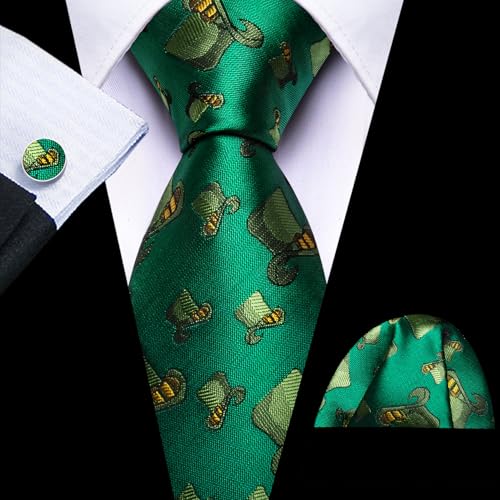 Image of Barry.Wang St. Patrick's Day Fun Animal Ties for Men Designer Handkerchief Cufflink WOVEN Casual Necktie Set Festival